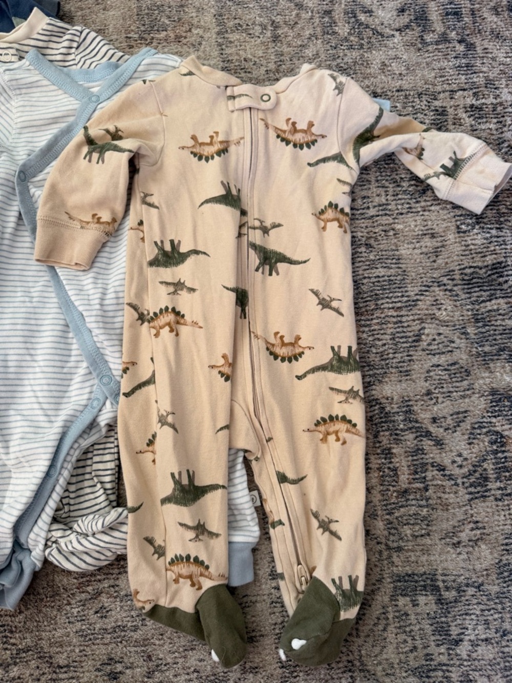 Baby boy One-Piece Pajama bundle- Neutral & Blue Stripes - Picture 2 of 11